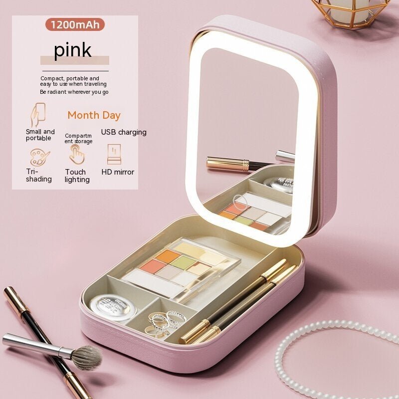 Makeup Storage Box With LED Light Mirror Portable Travel Makeup Cosmetics Storage Box Touch Light Storage Organizer - Zambeel