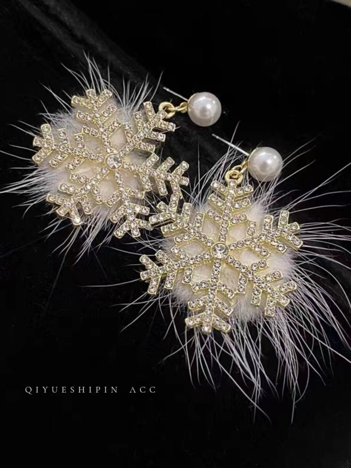 Christmas Snowflake Earrings Women's Full Diamond Pearl Plush Earrings - Zambeel