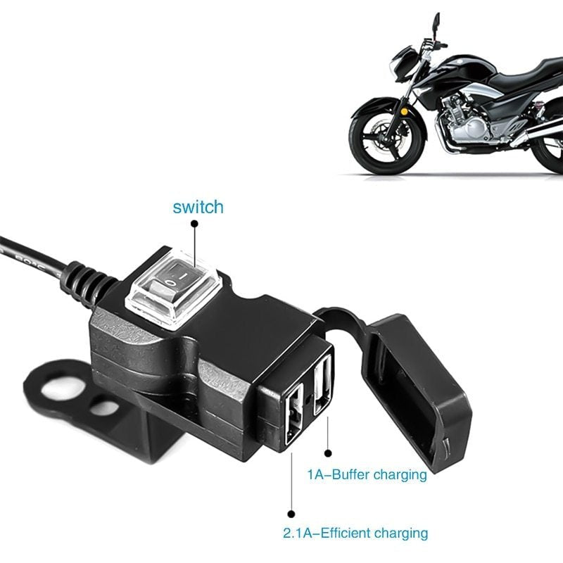 Dual USB Port 12V Waterproof Motorcycle Handlebar Charger 5V 1A / 2.1A Power Adapter Plug for Mobile Phone
