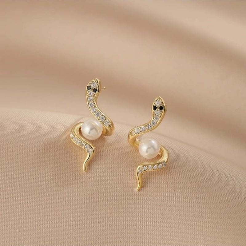 Exquisite Full Rhinestone Zircon Simulated Snakes Bead Stud Earrings For Women - Zambeel