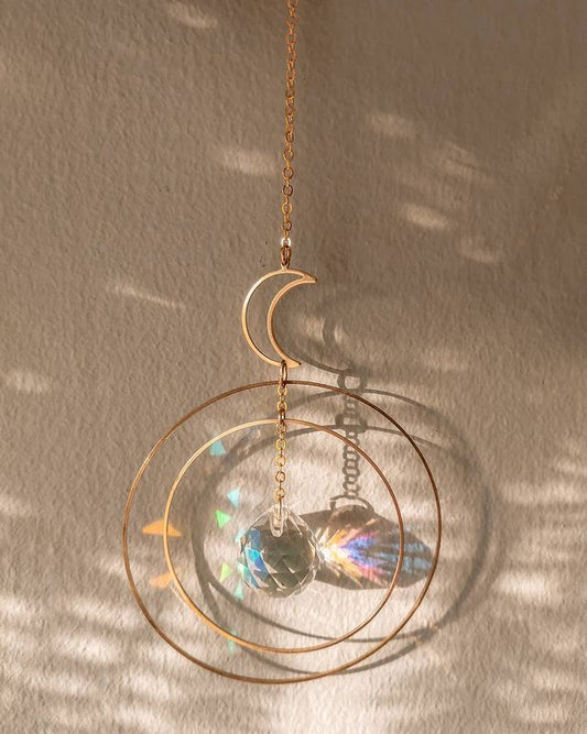 Moon And Hoop And Rainbow Crystal Rearview Mirror Decoration - Zambeel
