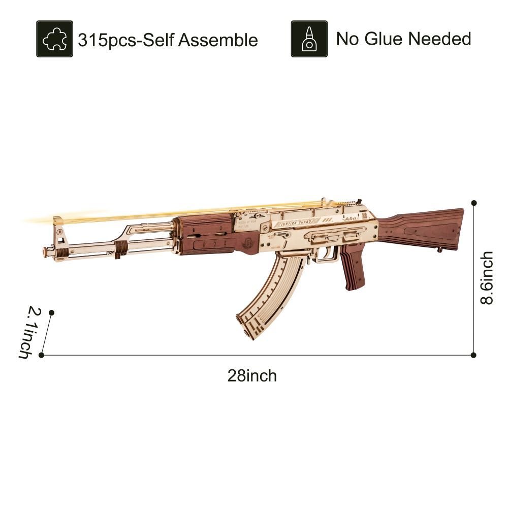 Robotime Rokr Automatic Rifle AK - 47 3D Wooden Assembly Gun Double Firing Modes Funny DIY Toys For Kids Adults Justice Guar LQ901 - Zambeel