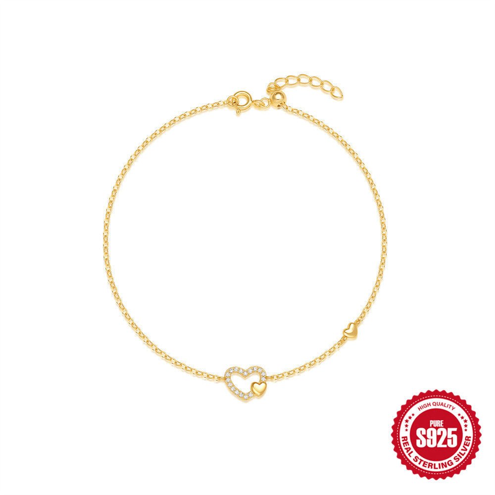 Sterling Silver Hollow Jeweled Heart Bracelet Fashion - Zambeel