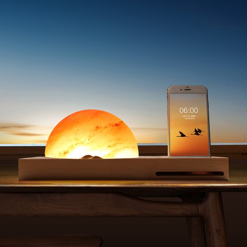 Sunrise Oriental LED Gift Table Lamp Salt Lamp With Mobile Phone Wireless Charging Solid Wood Base Mineral Salt Lamp Shade