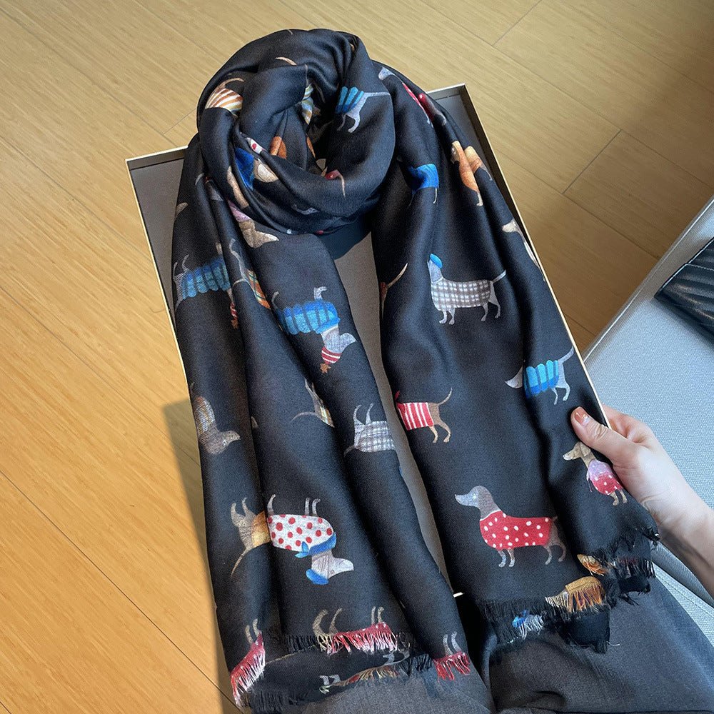 Women's Artistic Travel Shawl Dog Pattern Warm Long Scarf - Zambeel